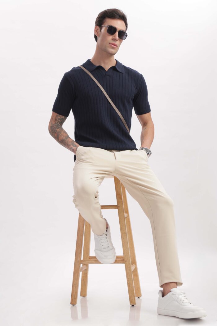 Model wearing Buttonless Marine Polo for men from The Seasons